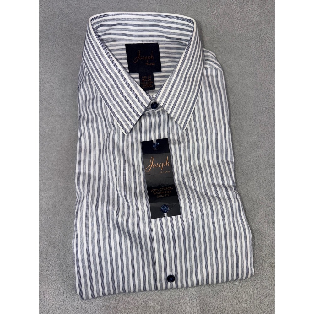 Jos A Bank 15.5X34 Slim Fit Dress Shirt Navy White Striped Wrinkle Free NWT